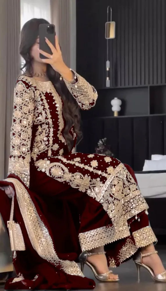 Maroon Eid Salwar Suit With Heavy Sequence Embroidery and Rivet Work Eid Dress