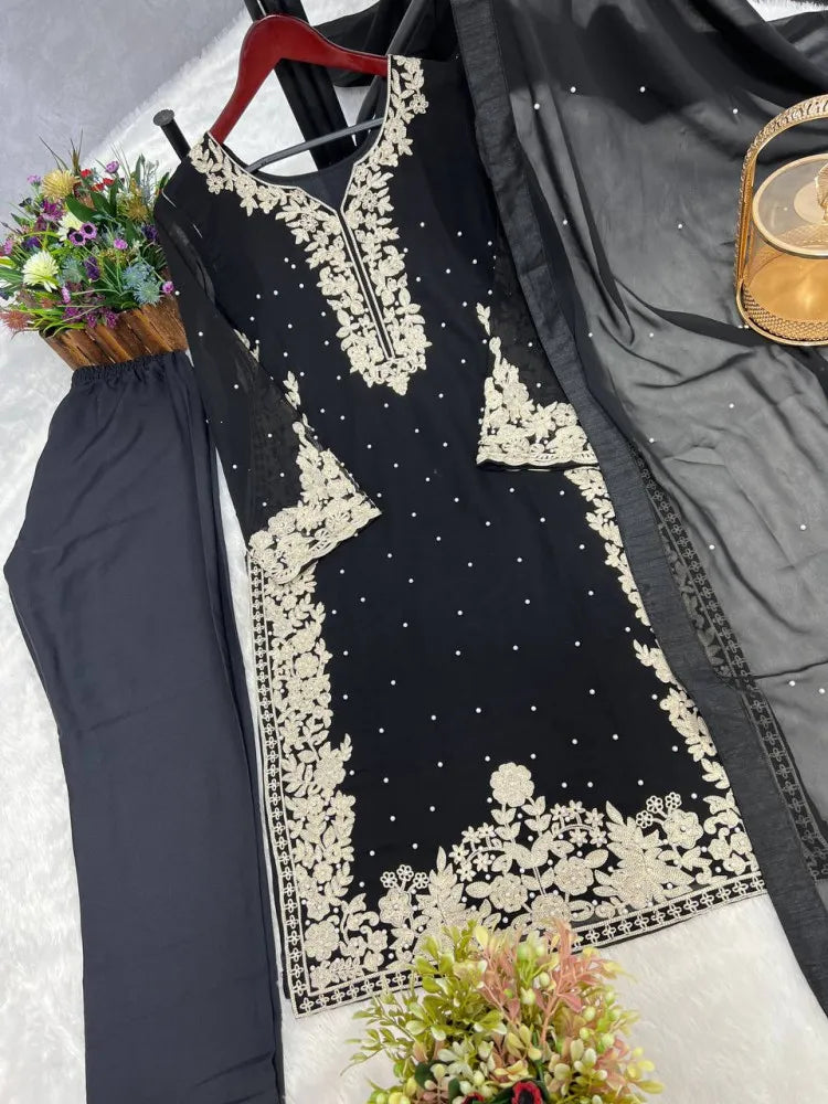 Black Dress for Eid in Georgette With Embroidery And Rivet Moti Work