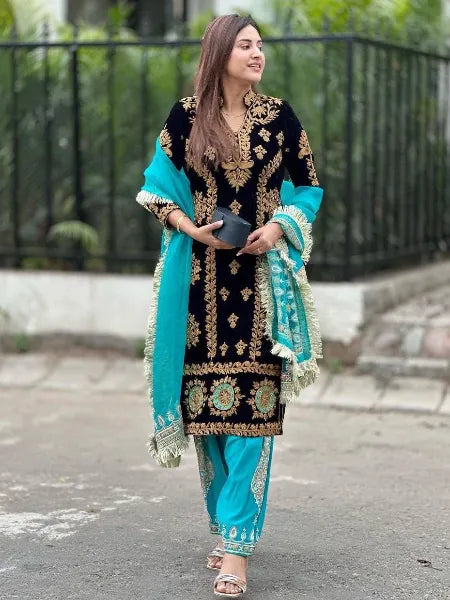 Black Velvet Salwar Kameez With Fancy Embroidery Ready to Wear