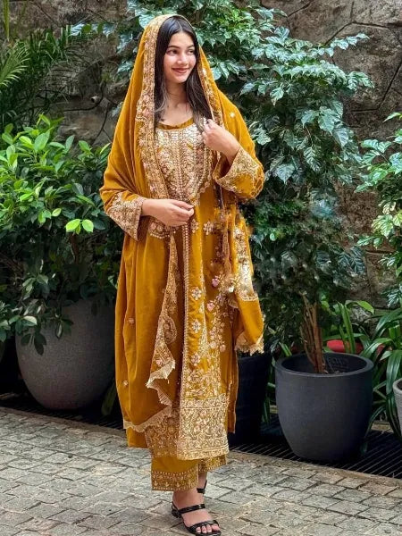 Yellow Dress With Sequence Embroidery in Georgette With Dupatta