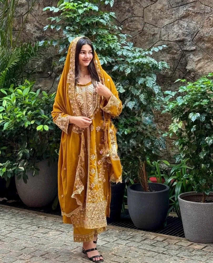 Yellow Dress With Sequence Embroidery in Georgette With Dupatta