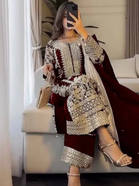 Maroon Eid Salwar Suit With Heavy Sequence Embroidery and Rivet Work Eid Dress