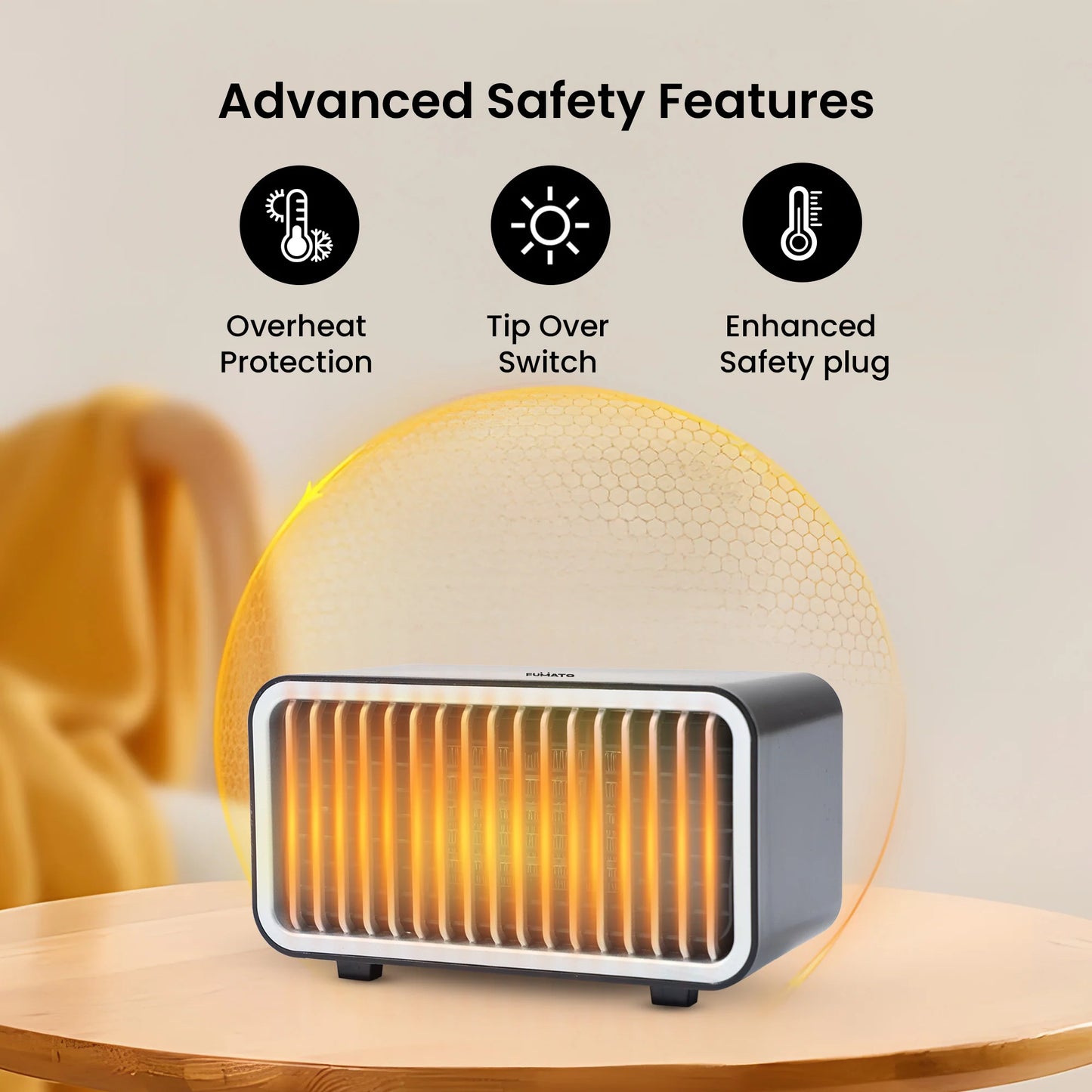 Fumato Fan Heater | Room Heater With PTC Ceramic Heating | 900W Power With Overheat Protection And Tip-Over Switch | Portable Design For Home And Office Use | Compact Size | 220-240V 50Hz