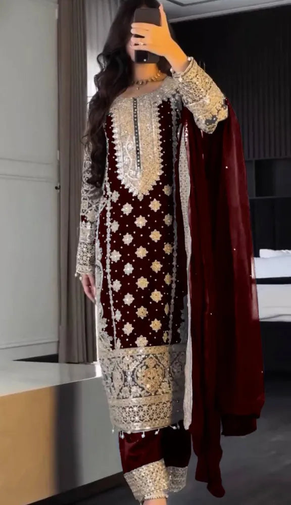 Maroon Eid Salwar Suit With Heavy Sequence Embroidery and Rivet Work Eid Dress