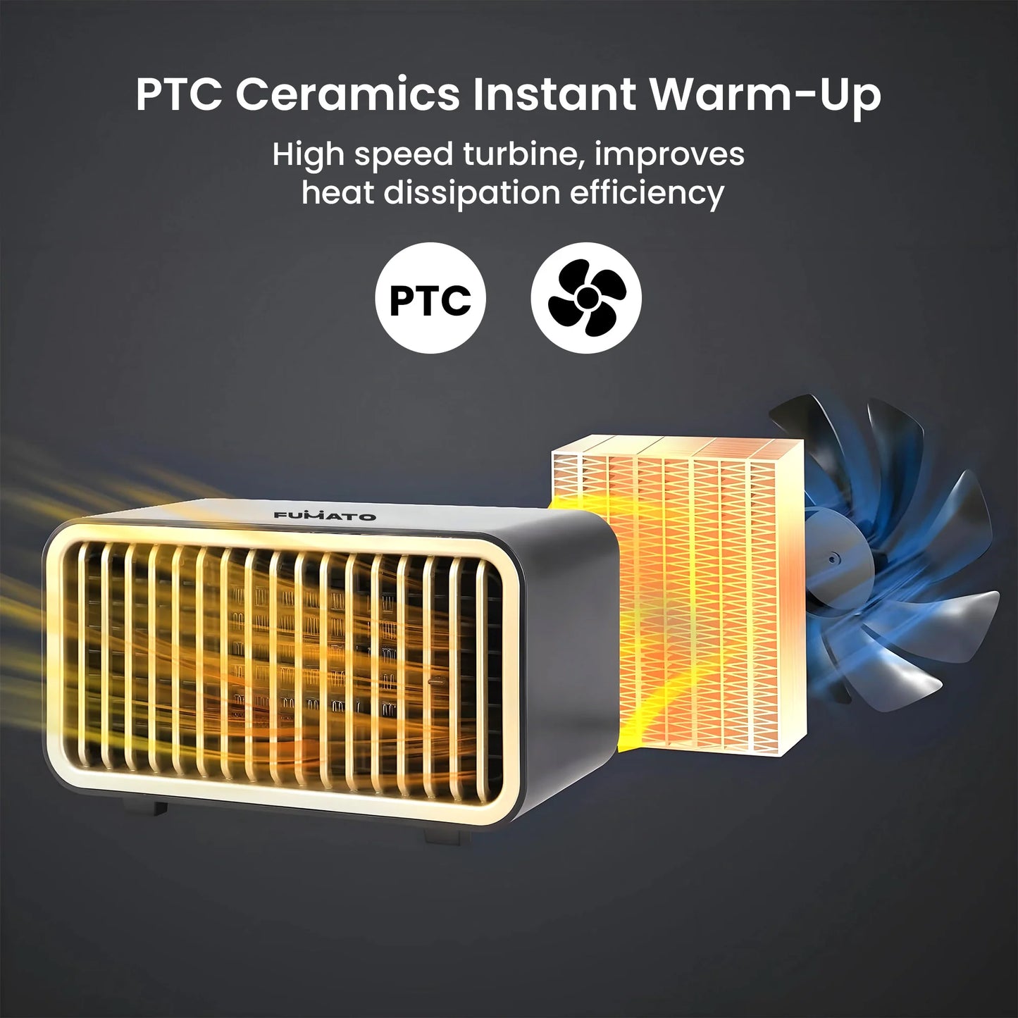 Fumato Fan Heater | Room Heater With PTC Ceramic Heating | 900W Power With Overheat Protection And Tip-Over Switch | Portable Design For Home And Office Use | Compact Size | 220-240V 50Hz