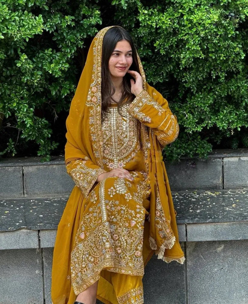 Yellow Dress With Sequence Embroidery in Georgette With Dupatta