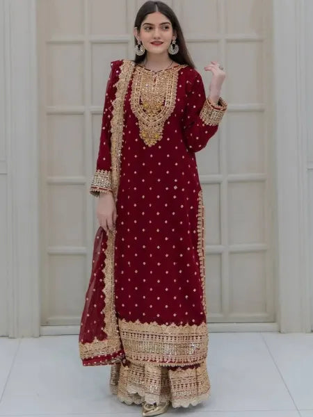 Maroon Salwar Suit With Heavy Sequence Embroidery and Moti Work