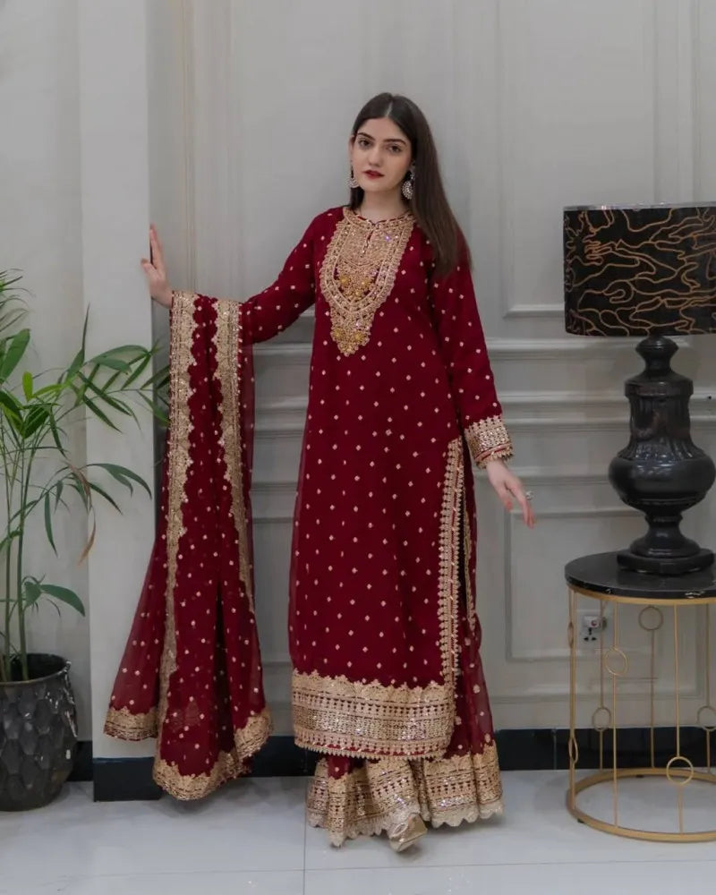 Maroon Salwar Suit With Heavy Sequence Embroidery and Moti Work
