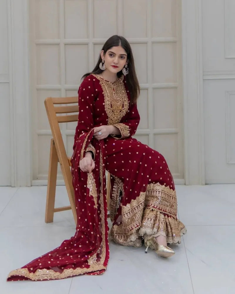 Maroon Salwar Suit With Heavy Sequence Embroidery and Moti Work